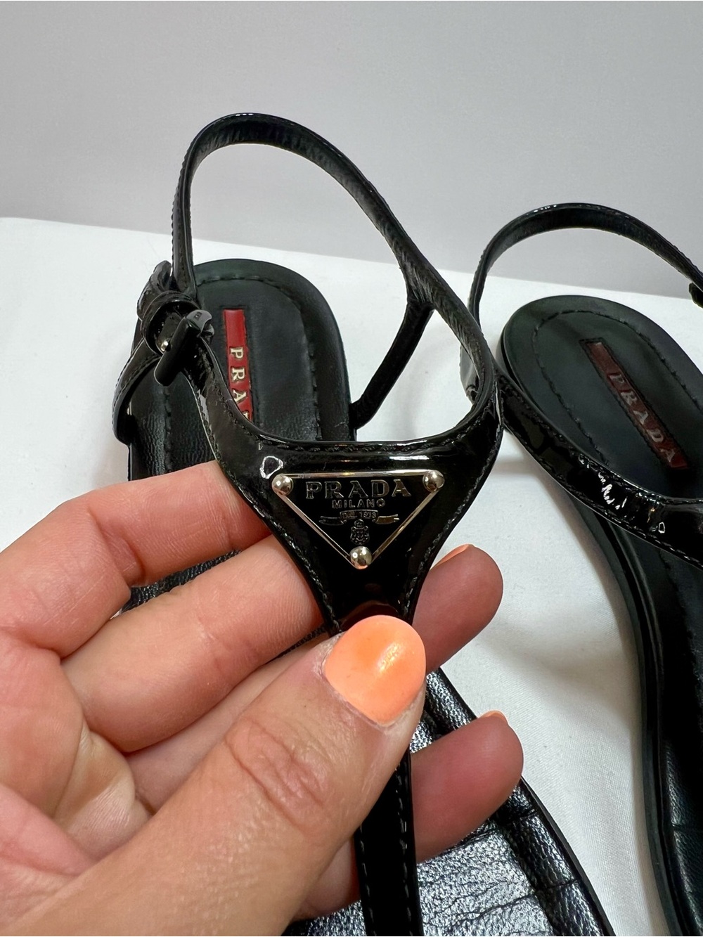 Prada Black Patent T-Strap Slingback Sandals - Picture 3 of 8